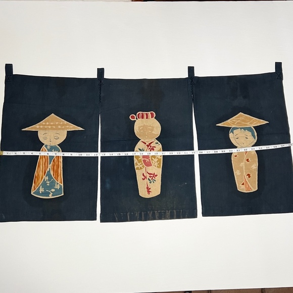 Vintage Noren Japanese Door Curtain Figures Dolls Navy Blue Traditional Textile - Picture 6 of 8